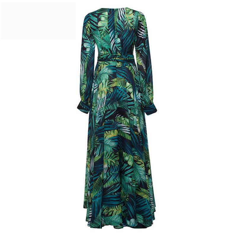 Florcoo V-Neck Leaf Print Maxi Dress - Deanwangkt