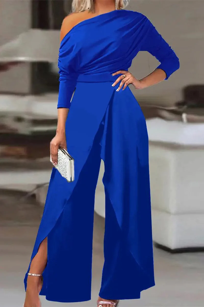 British Style Solid Backless Asymmetrical Oblique Collar Regular Jumpsuits(2 Colors) - Deanwangkt
