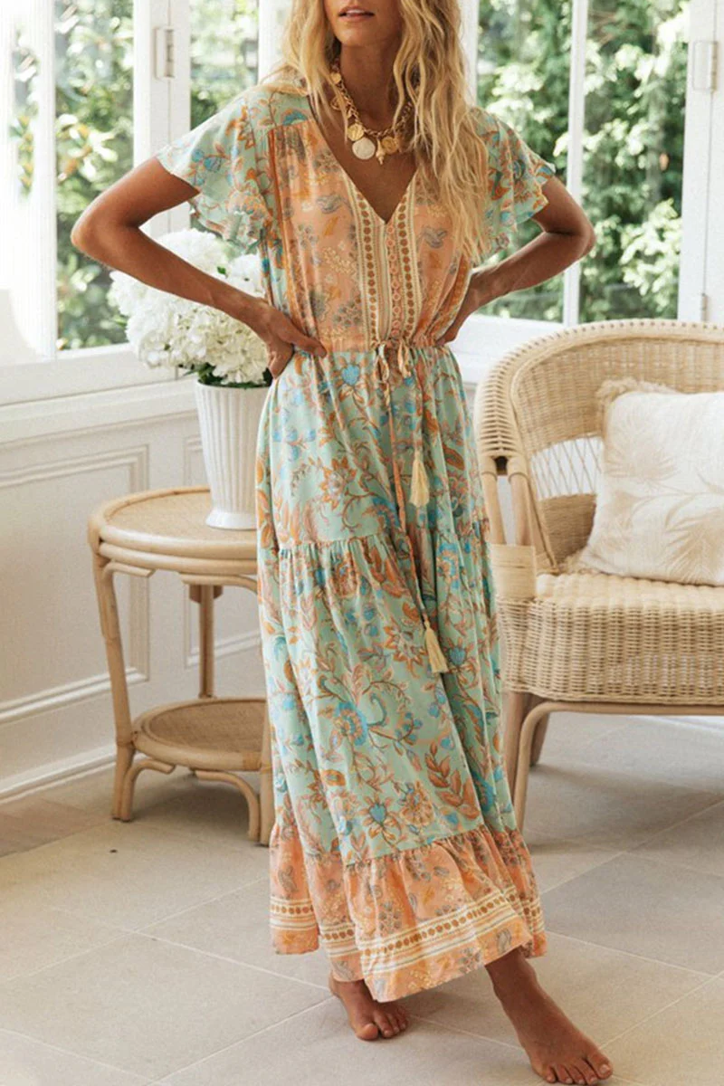 Fashion Vacation Print Patchwork V Neck Printed Dresses - Deanwangkt