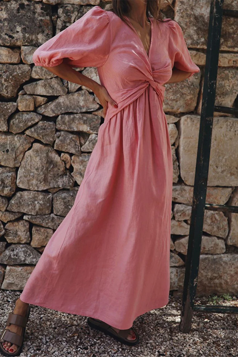 Casual Simplicity Solid V Neck Short Sleeve Dress Dresses(3 Colors) - Deanwangkt