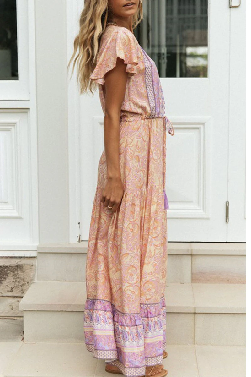 Fashion Vacation Print Patchwork V Neck Printed Dresses - Deanwangkt