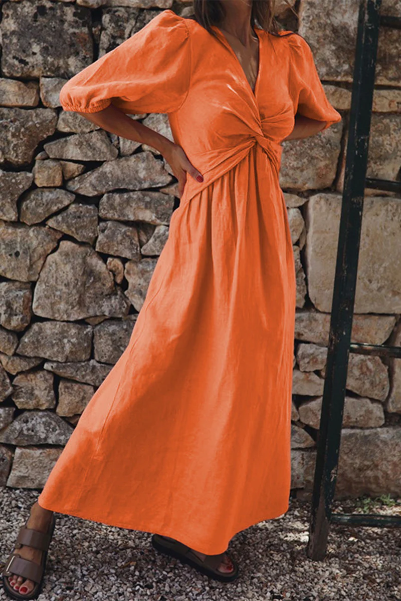 Casual Simplicity Solid V Neck Short Sleeve Dress Dresses(3 Colors) - Deanwangkt