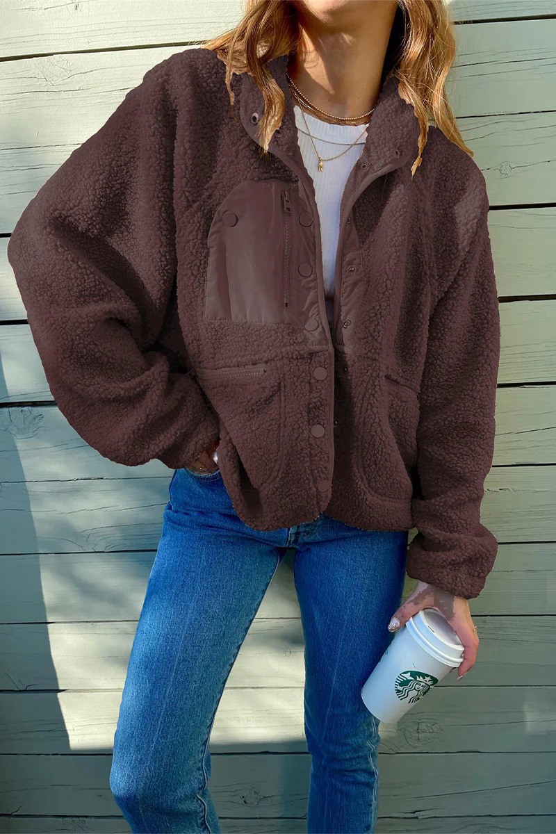 Casual Solid Patchwork Pocket Mandarin Collar Outerwear(2 Colors) - Deanwangkt