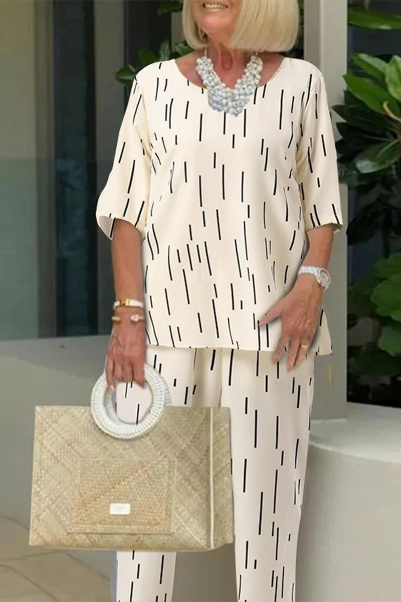 Casual Daily Striped Print Patchwork O Neck Half Sleeve Two Pieces(3 Colors) - Deanwangkt