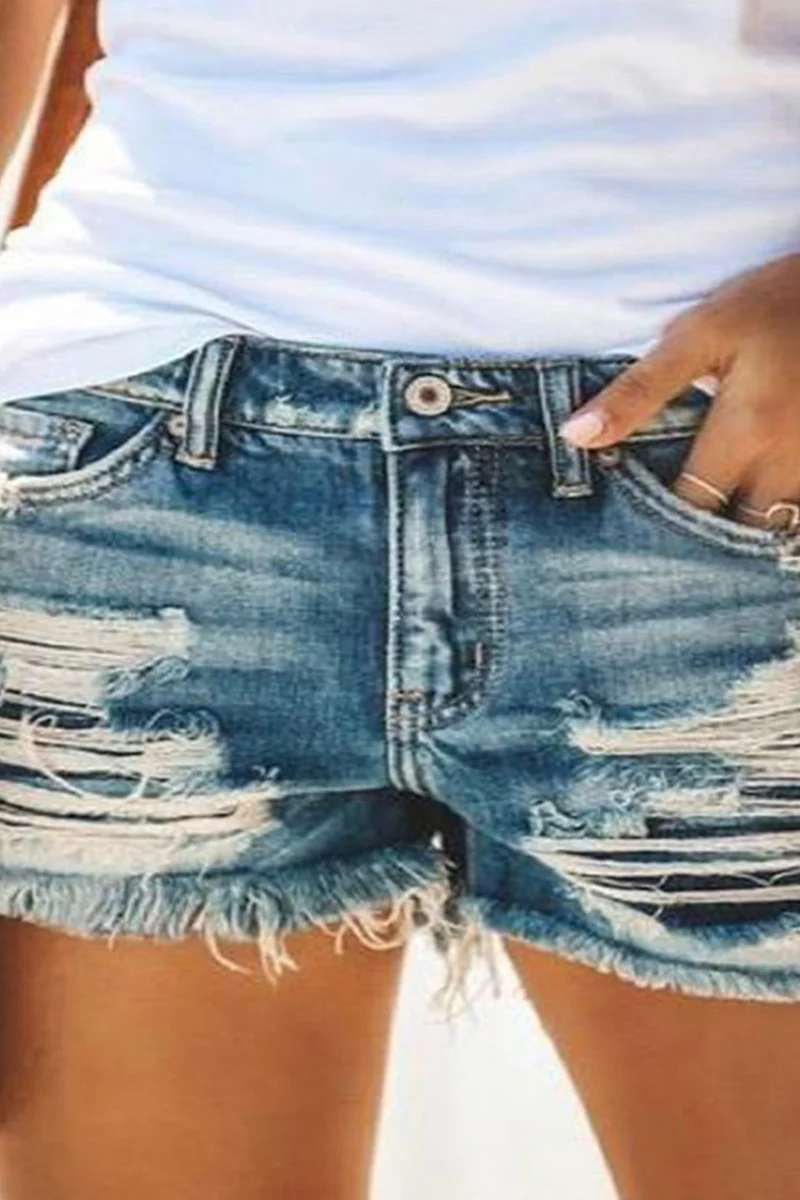 Casual Solid Ripped Mid Waist Straight Denim Shorts - Deanwangkt