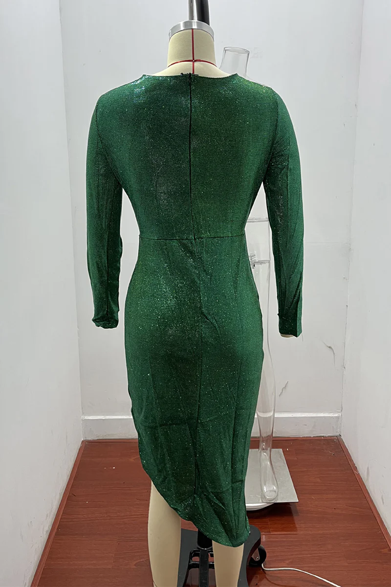 Fashion Elegant Solid Patchwork Sequined V Neck Evening Dress Dresses(5 Colors) - Deanwangkt