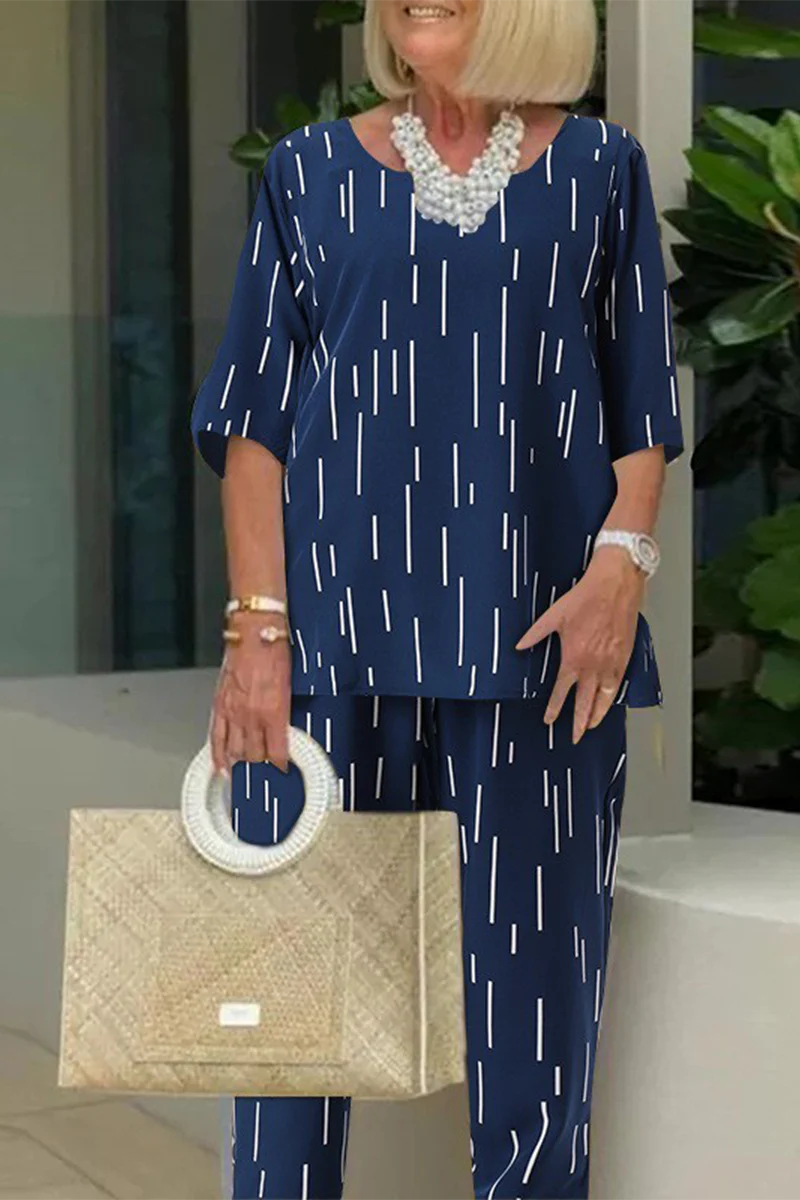 Casual Daily Striped Print Patchwork O Neck Half Sleeve Two Pieces(3 Colors) - Deanwangkt