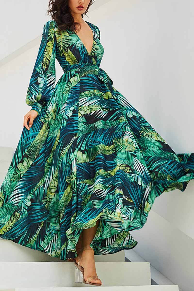Florcoo V-Neck Leaf Print Maxi Dress - Deanwangkt