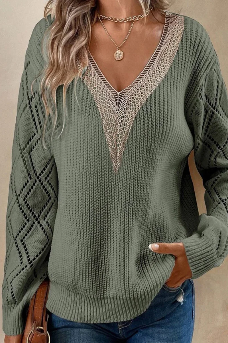 Casual Simplicity Solid Lace V Neck Sweaters - Deanwangkt