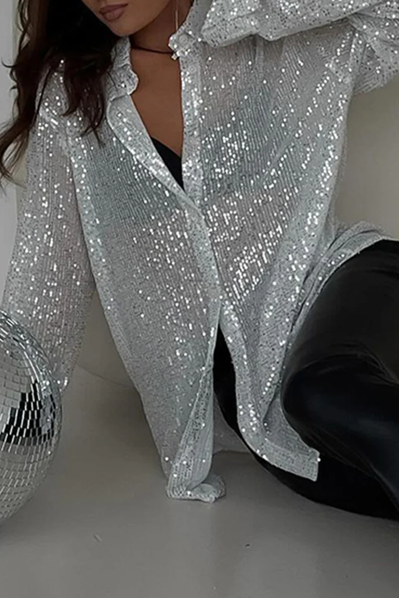 Sexy Solid See-through Sequined Turndown Collar Blouses - Deanwangkt