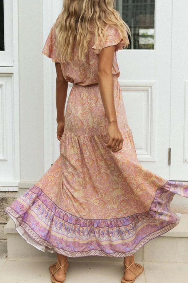 Fashion Vacation Print Patchwork V Neck Printed Dresses - Deanwangkt