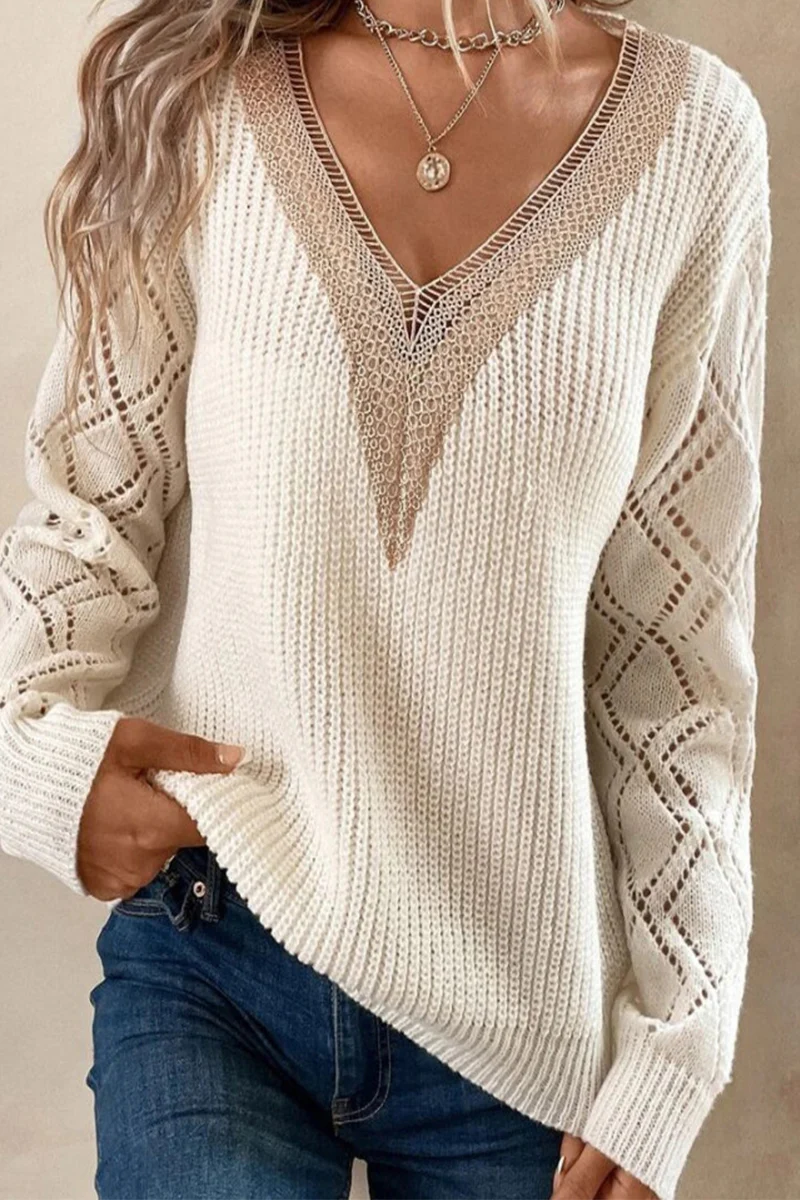 Casual Simplicity Solid Lace V Neck Sweaters - Deanwangkt