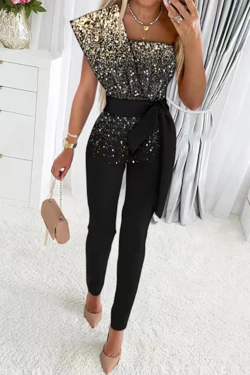 Sweet Elegant Patchwork Sequins Asymmetrical Collar Regular Jumpsuits(5 Colors) - Deanwangkt