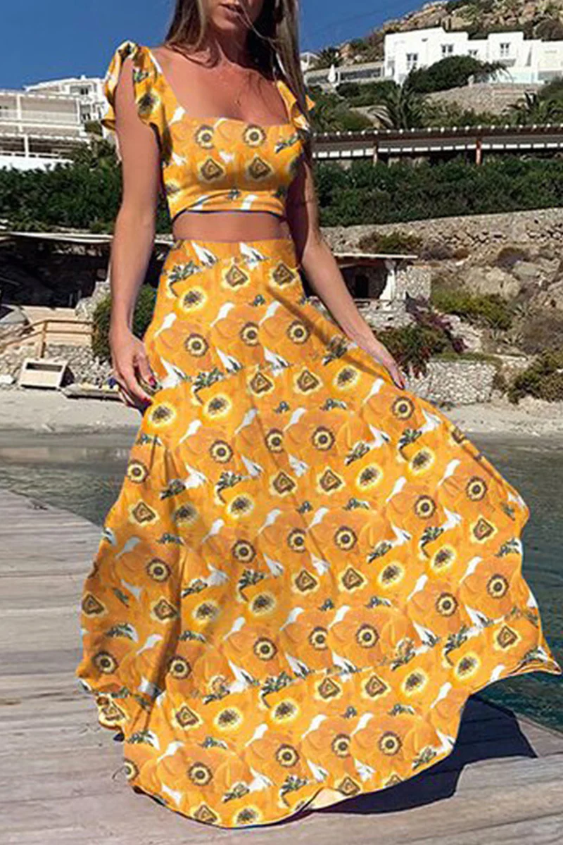 Bohemian Vacation Print Patchwork Square Collar Sleeveless Two Pieces(9 Colors) - Deanwangkt