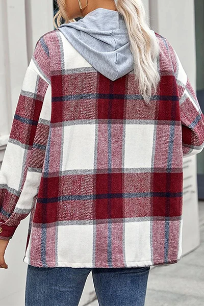 Casual Plaid Draw String Buckle Hooded Collar Outerwear(4 Colors) - Deanwangkt