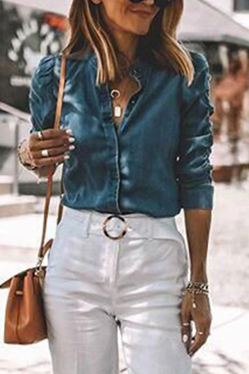 Fashion Street Solid Turndown Collar Long Sleeve Regular Denim - Deanwangkt