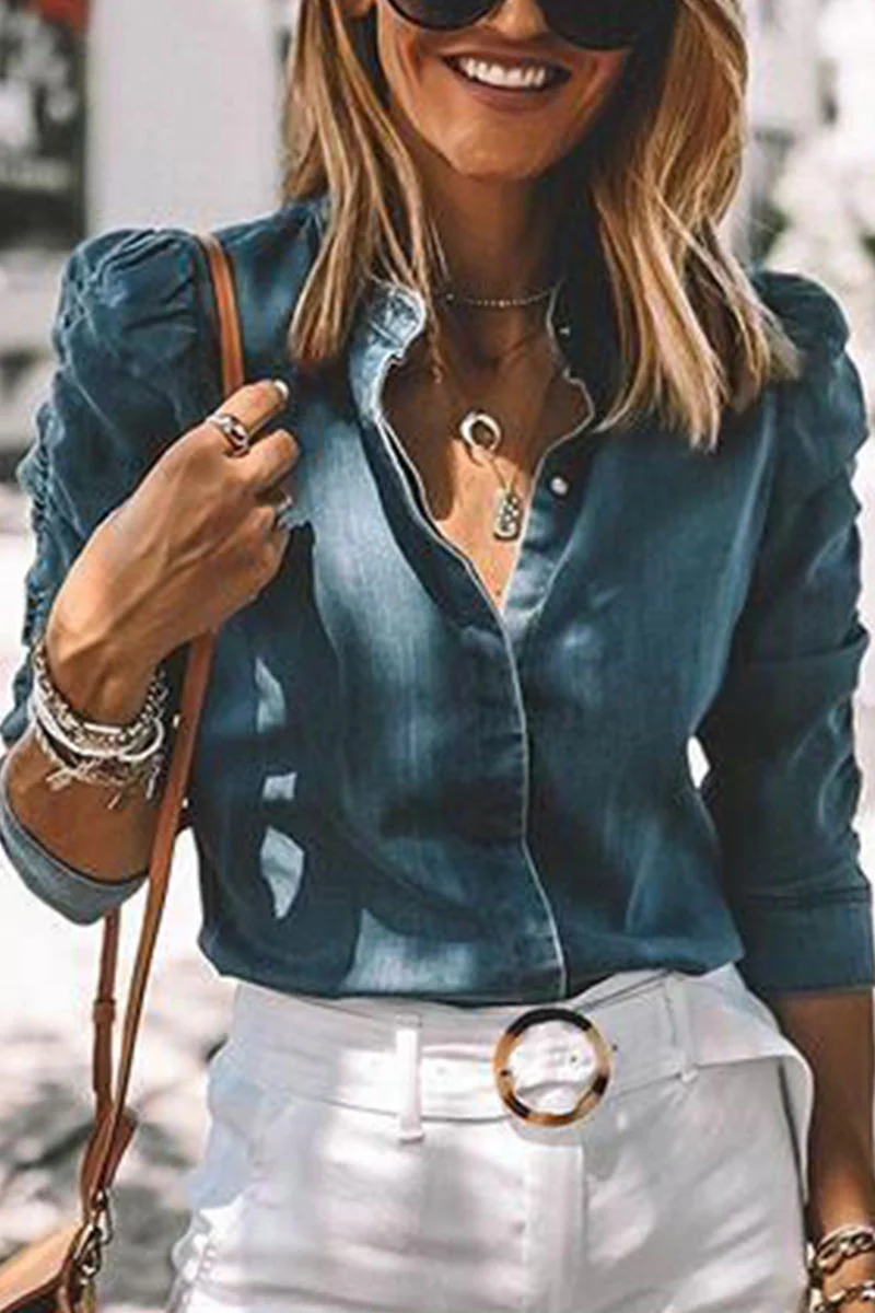 Fashion Street Solid Turndown Collar Long Sleeve Regular Denim - Deanwangkt