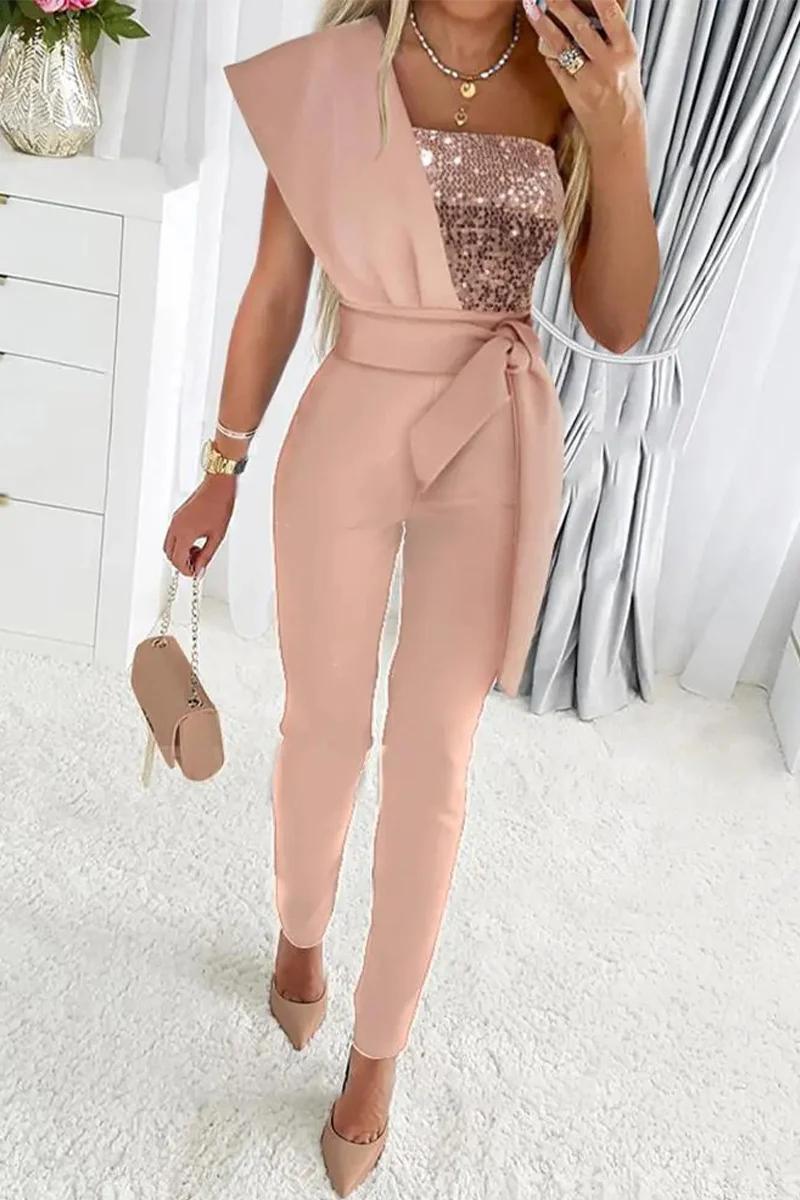Sweet Elegant Patchwork Sequins Asymmetrical Collar Regular Jumpsuits(5 Colors) - Deanwangkt
