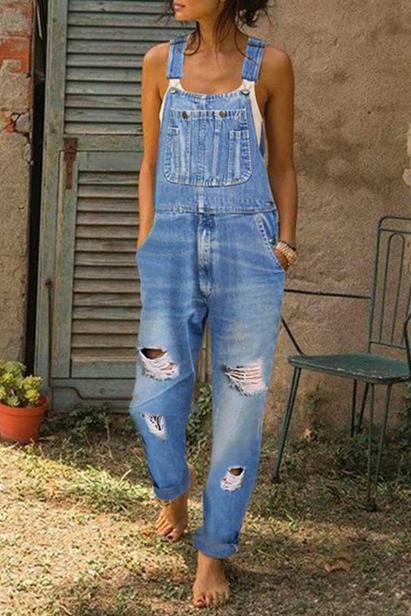 Florcoo Washed Ripped Hole Denim Overalls(3 Colors) - Deanwangkt