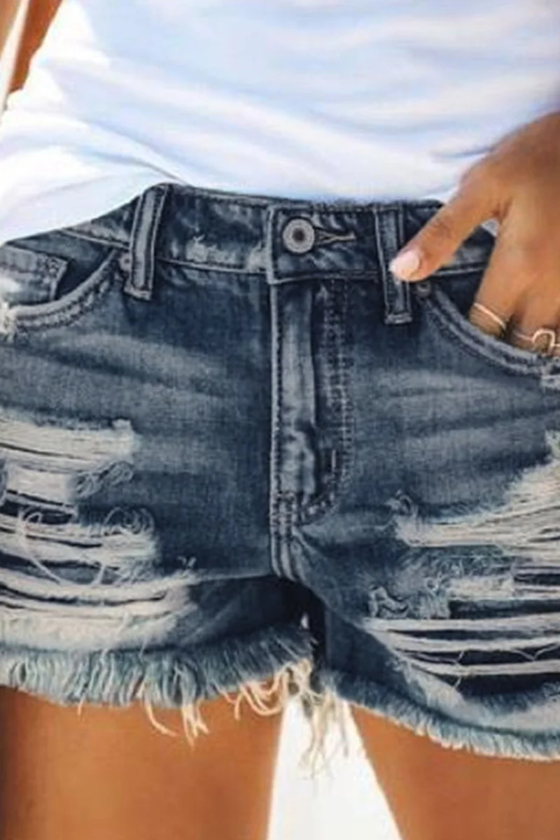 Casual Solid Ripped Mid Waist Straight Denim Shorts - Deanwangkt