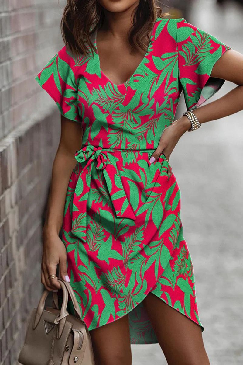 Casual Sweet Print Patchwork Frenulum V Neck Irregular Dress Dresses(5 Colors) - Deanwangkt