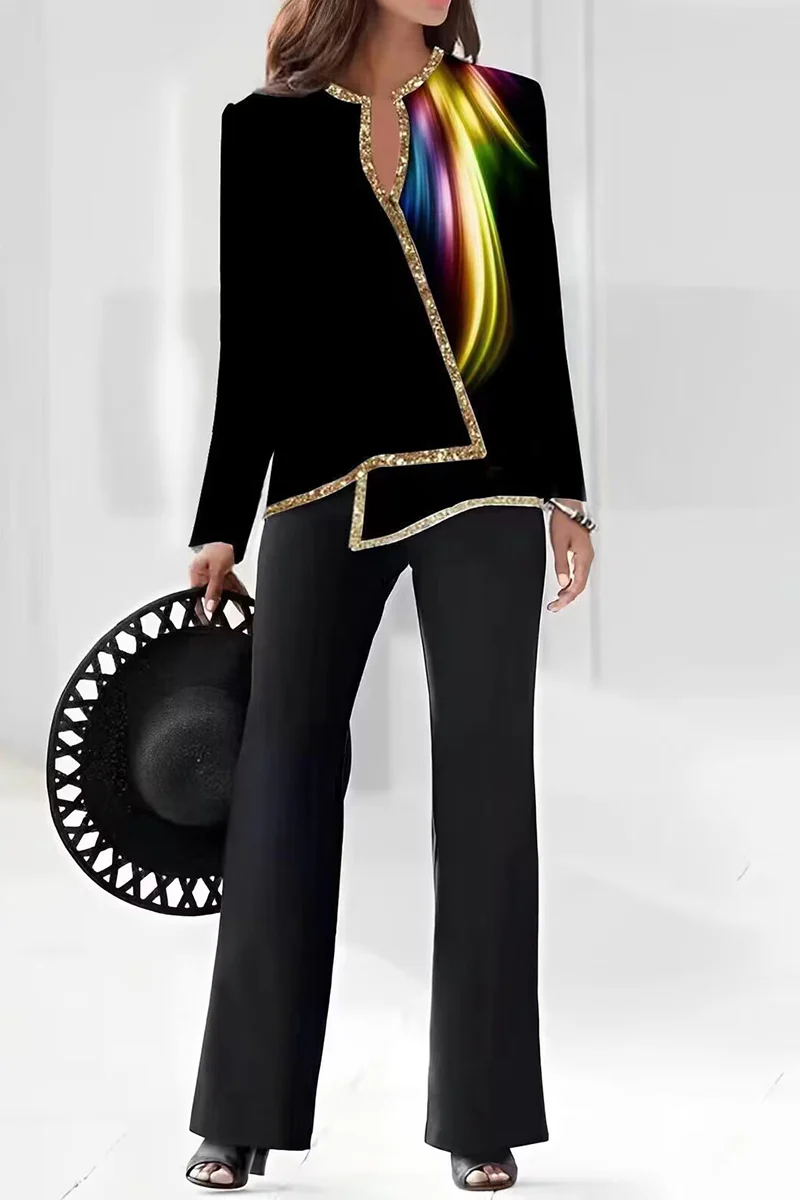 Casual Print Asymmetrical V Neck Long Sleeve Two Pieces(10 Colors) - Deanwangkt