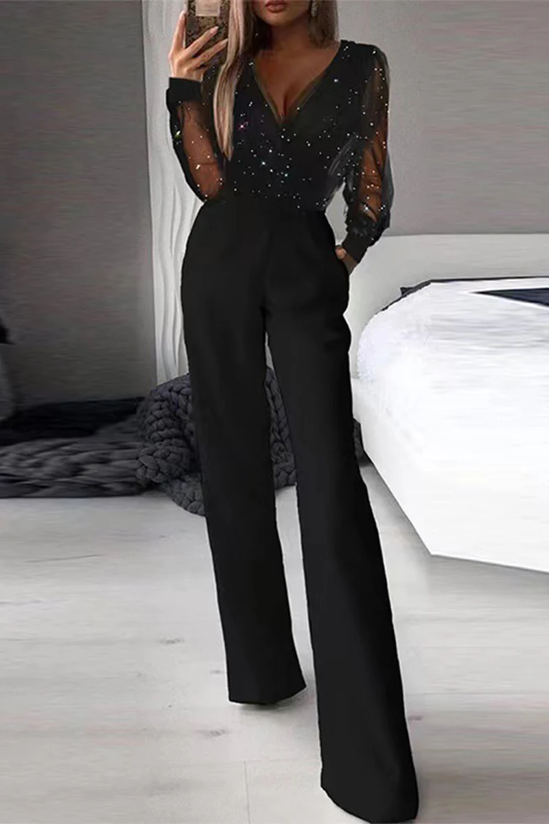 Sexy Elegant Patchwork Patchwork V Neck Straight Jumpsuits - Deanwangkt