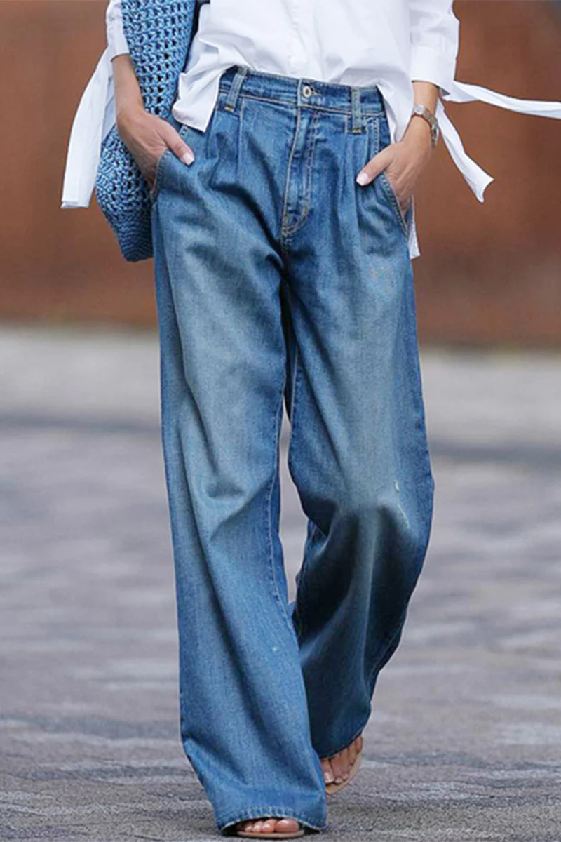 Casual Street Solid Pocket High Waist Loose Denim Jeans - Deanwangkt