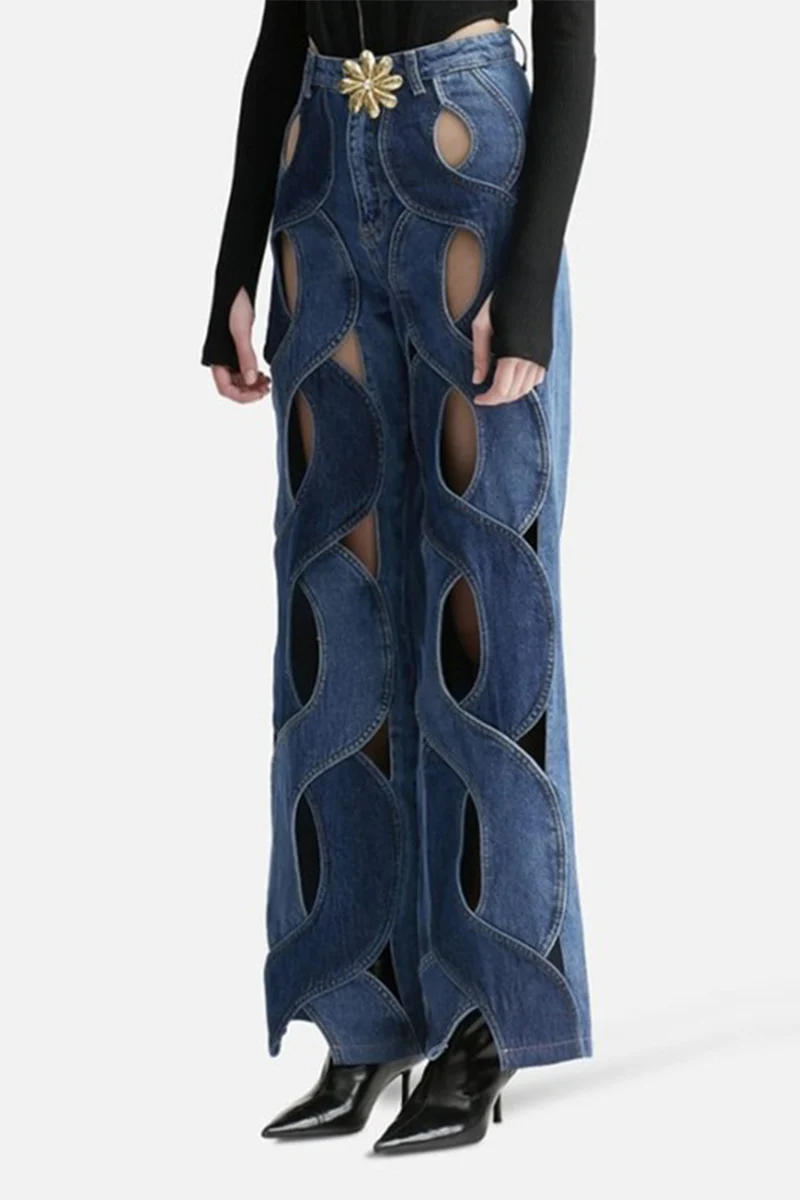 Street Solid Hollowed Out High Waist Straight Denim Jeans - Deanwangkt