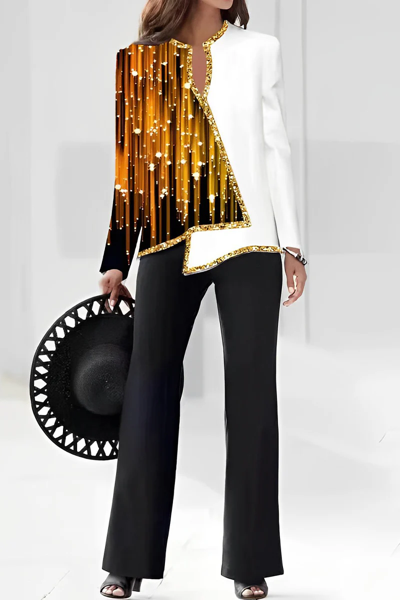 Casual Print Asymmetrical V Neck Long Sleeve Two Pieces(10 Colors) - Deanwangkt