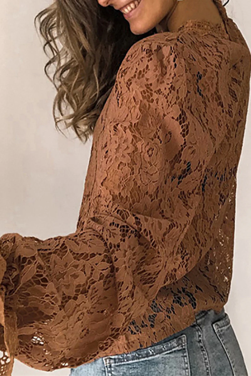 Florcoo Long Sleeve Openwork Lace Blouse(4 Colors) - Deanwangkt