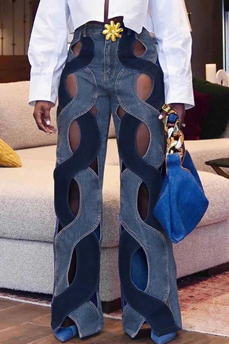 Street Solid Hollowed Out High Waist Straight Denim Jeans - Deanwangkt