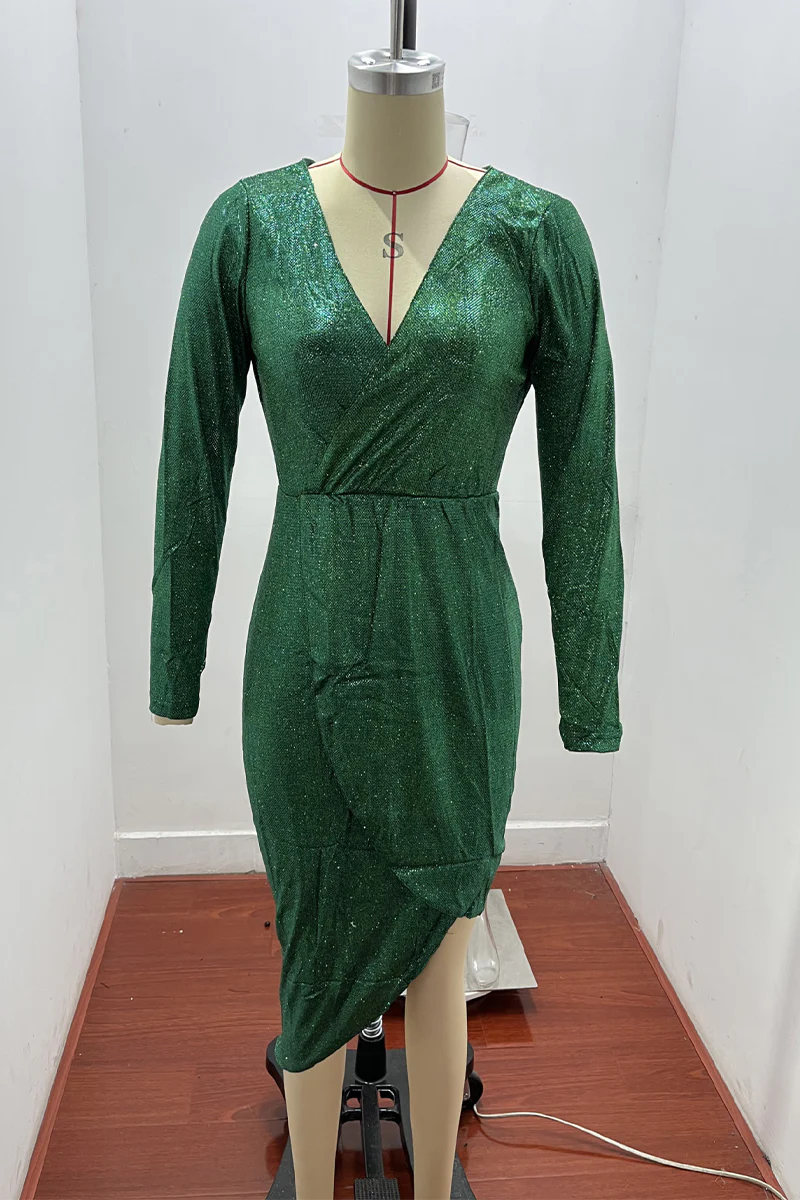 Fashion Elegant Solid Patchwork Sequined V Neck Evening Dress Dresses(5 Colors) - Deanwangkt