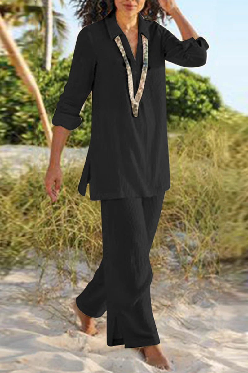 Casual Solid Slit V Neck Long Sleeve Two Pieces(4 Colors) - Deanwangkt