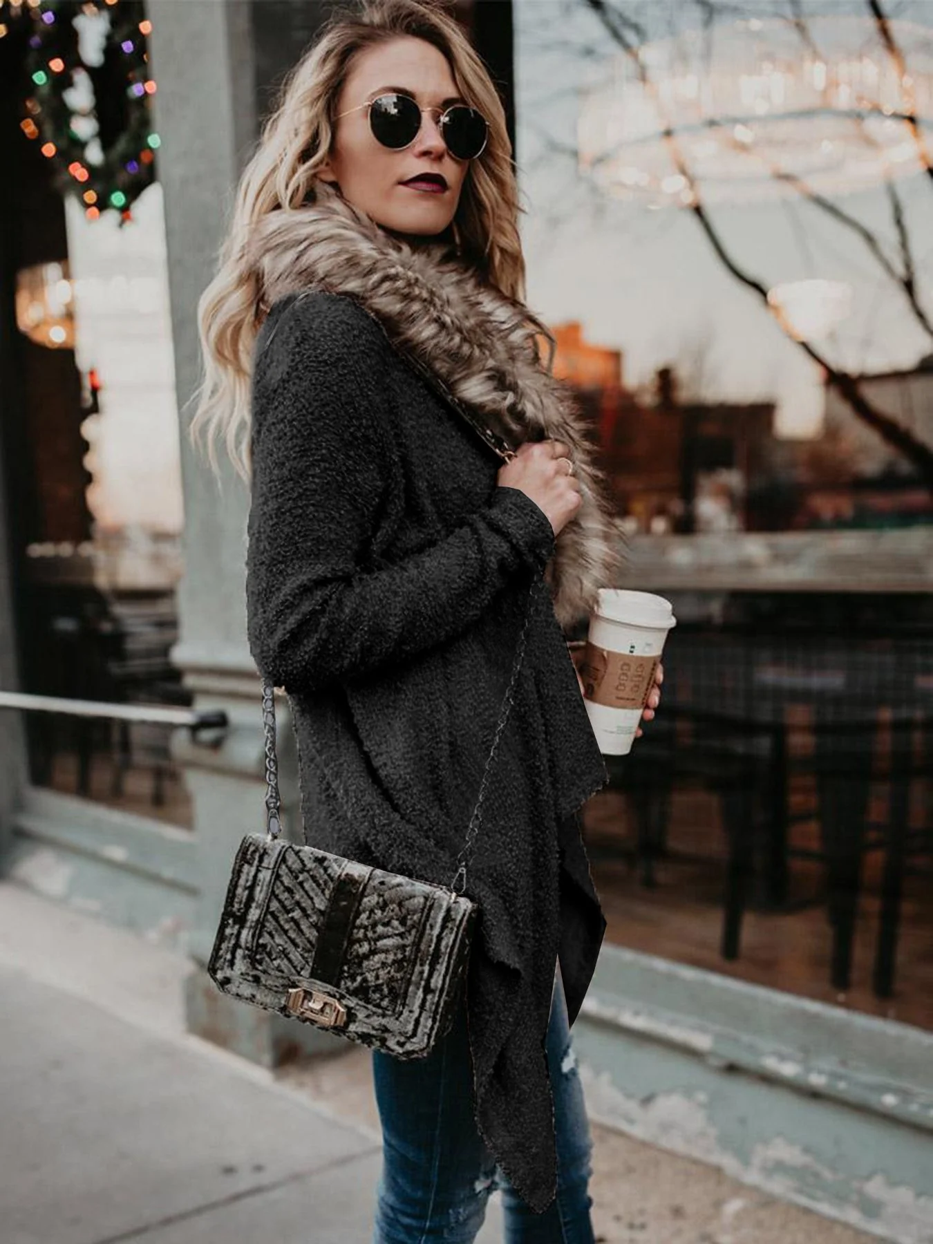 Florcoo Fur Collar Cardigan Plush Trench Coat - Deanwangkt