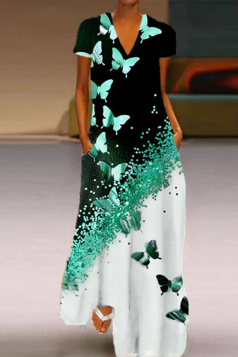 Casual Butterfly Print Patchwork V Neck Straight Dresses(5 colors) - Deanwangkt