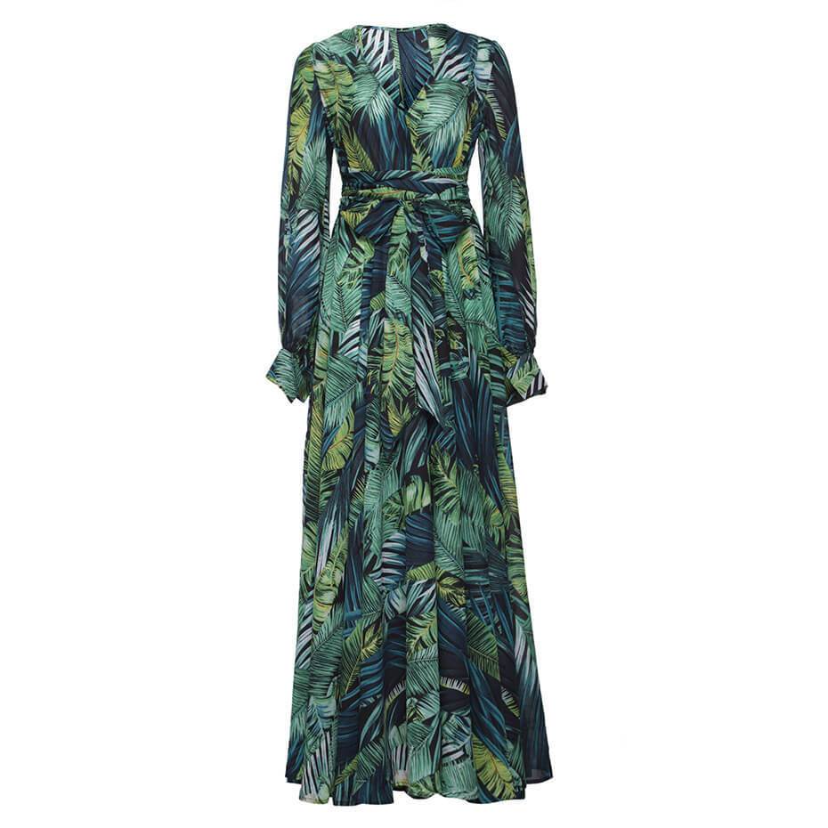 Florcoo V-Neck Leaf Print Maxi Dress - Deanwangkt