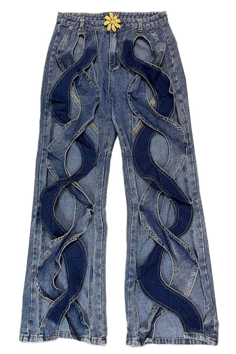 Street Solid Hollowed Out High Waist Straight Denim Jeans - Deanwangkt