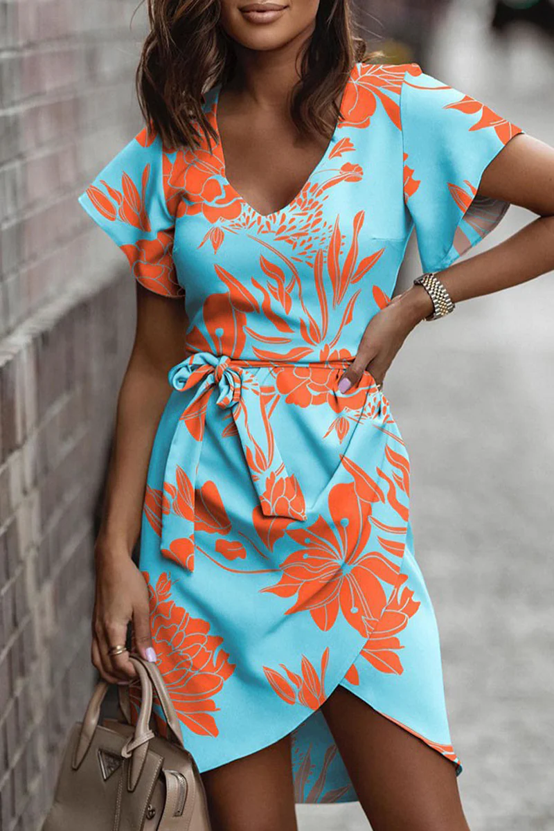 Casual Sweet Print Patchwork Frenulum V Neck Irregular Dress Dresses(5 Colors) - Deanwangkt