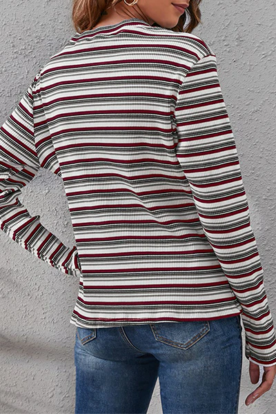 Casual Striped Patchwork Basic O Neck Tops(3 Colors) - Deanwangkt