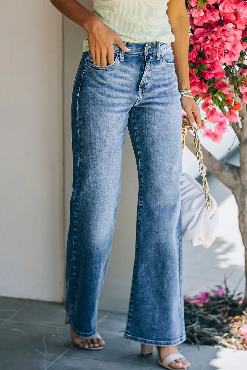 Fashion Elegant Solid Basic Straight Mid Waist Wide Leg Bottoms - Deanwangkt