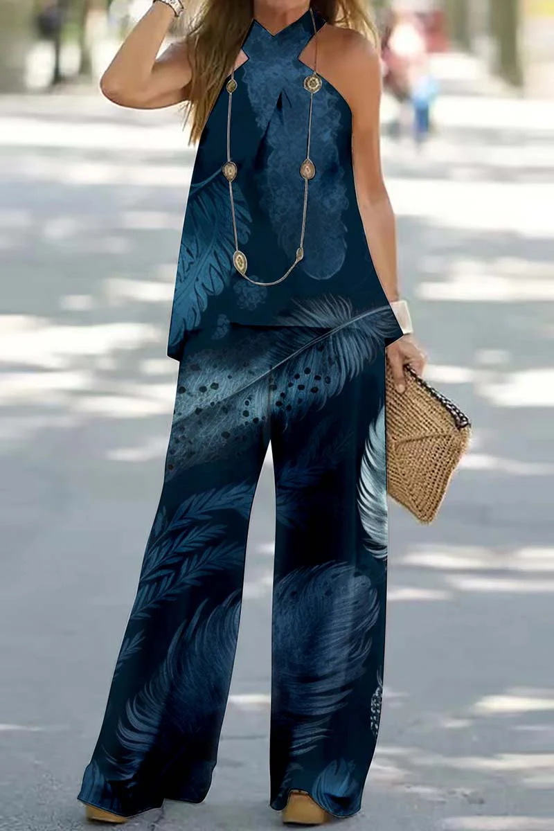 Casual Print Backless Halter Sleeveless Two Pieces(10 Colors) - Deanwangkt