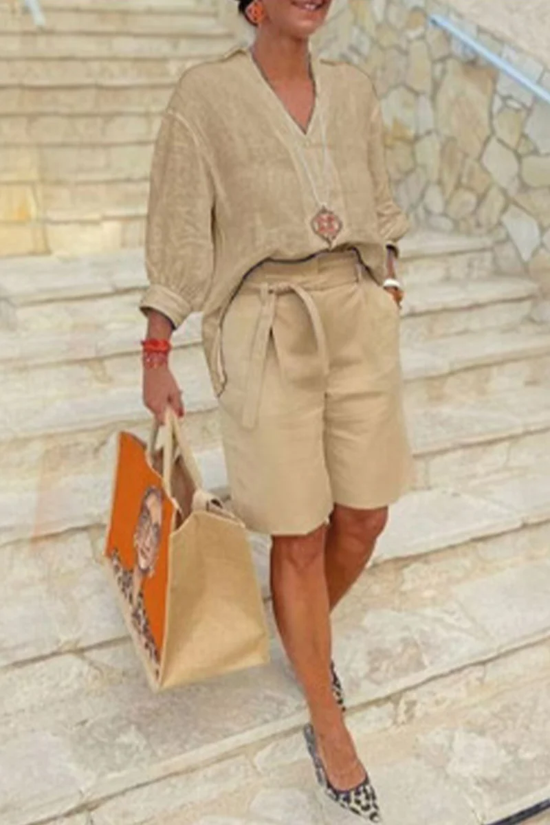 Casual Simplicity Solid Pocket V Neck Long Sleeve Two Pieces(4 Colors) - Deanwangkt