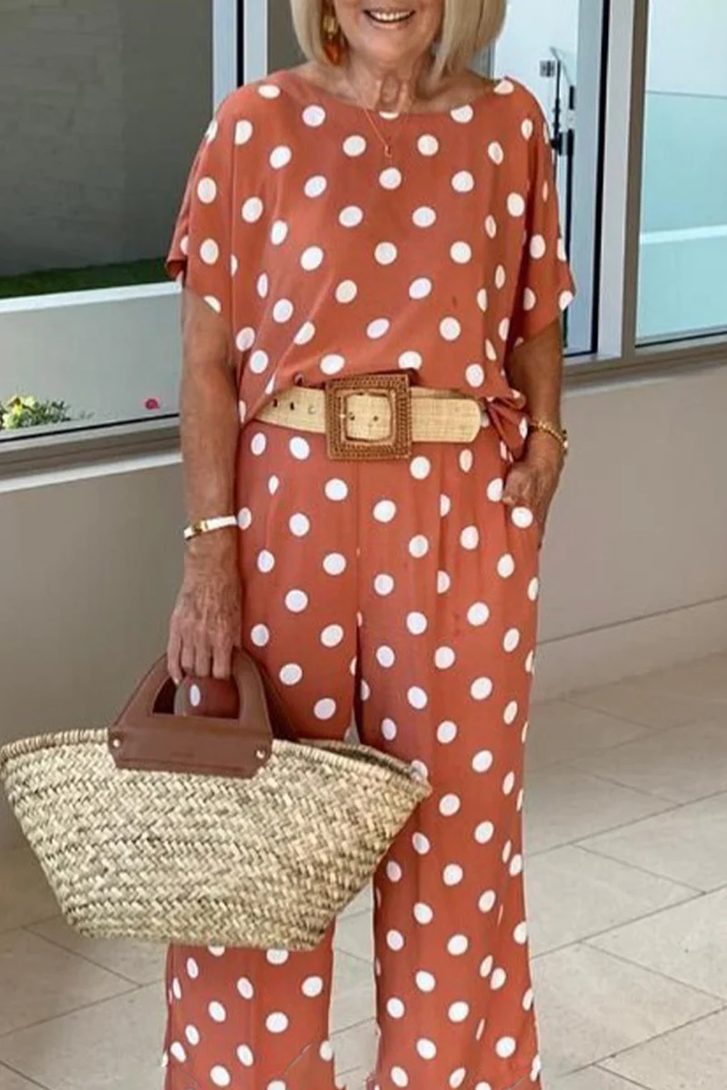 Casual Polka Dot Patchwork O Neck Short Sleeve Two Pieces(5 Colors) - Deanwangkt