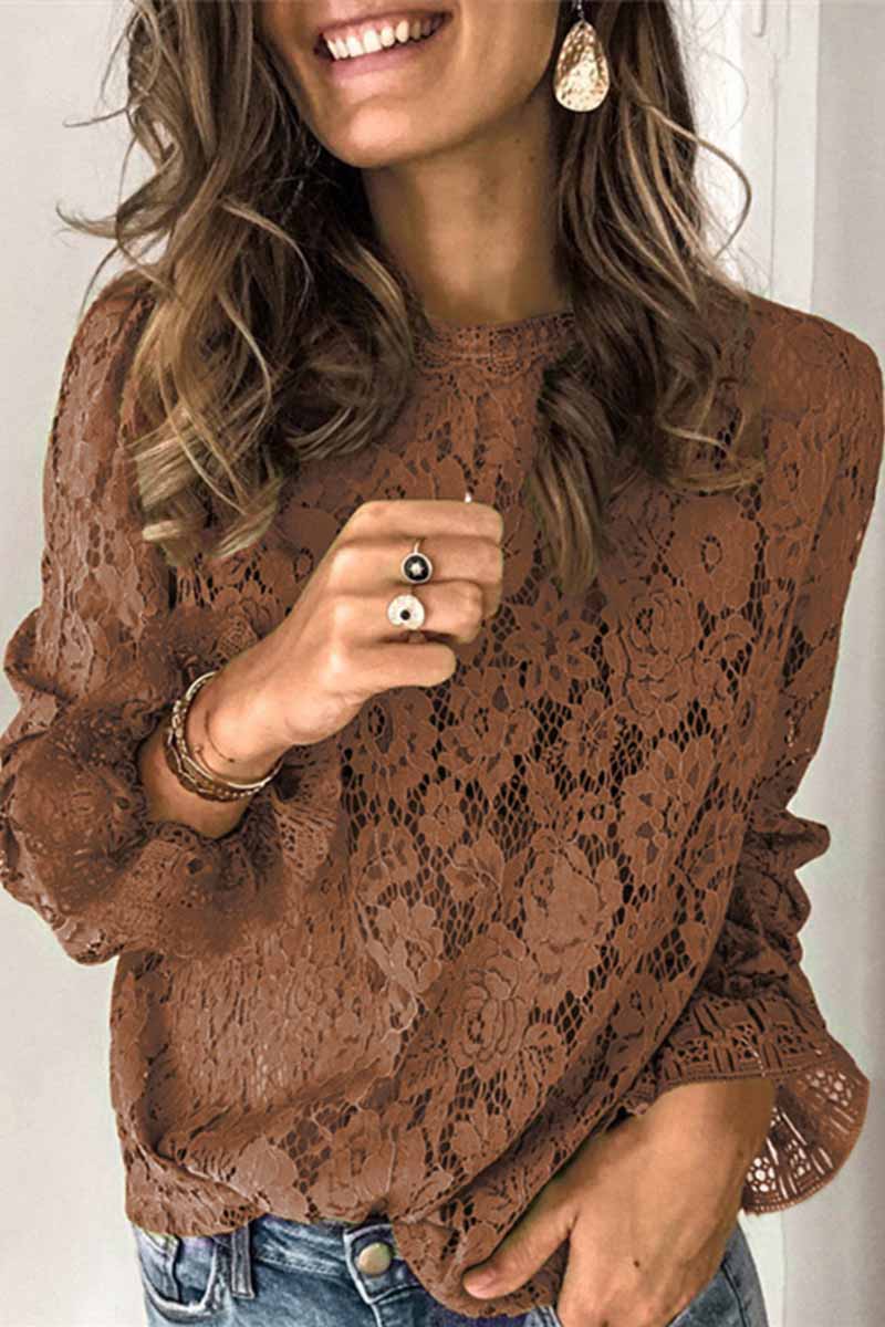Florcoo Long Sleeve Openwork Lace Blouse(4 Colors) - Deanwangkt