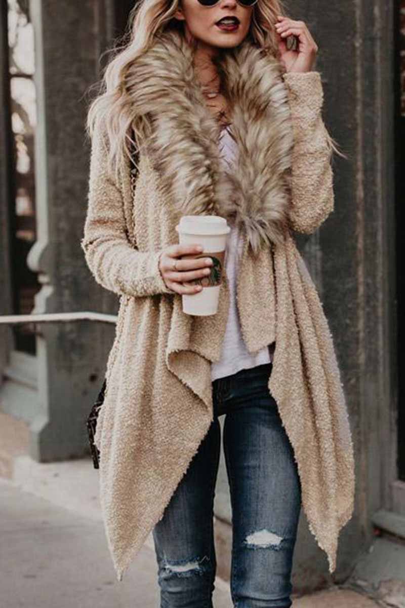 Florcoo Fur Collar Cardigan Plush Trench Coat - Deanwangkt