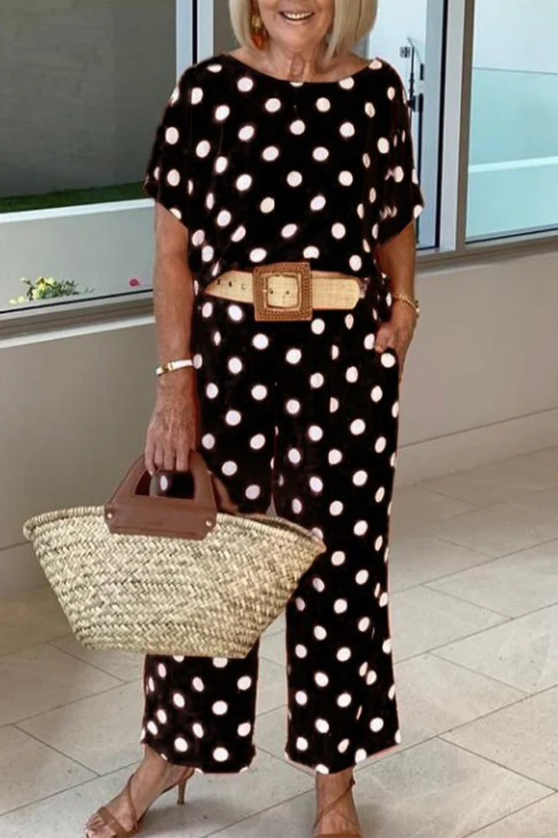 Casual Polka Dot Patchwork O Neck Short Sleeve Two Pieces(5 Colors) - Deanwangkt