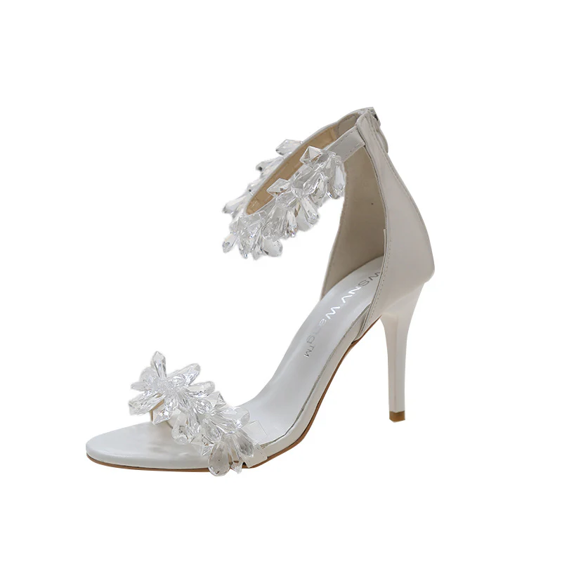 DEANWANGKT  Fairy Style Ankle-Strap Stilettos Sandals for Women  Spring/Summer New Style White Crystal Wedding Shoes Rhinestone High Heel Shoes Women - Deanwangkt