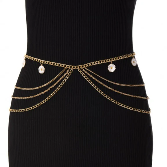 2025  FB3330  waist chain sun flower pendant multi-layer wave tassel side pendulum chain waist chain waist jewelry - Deanwangkt