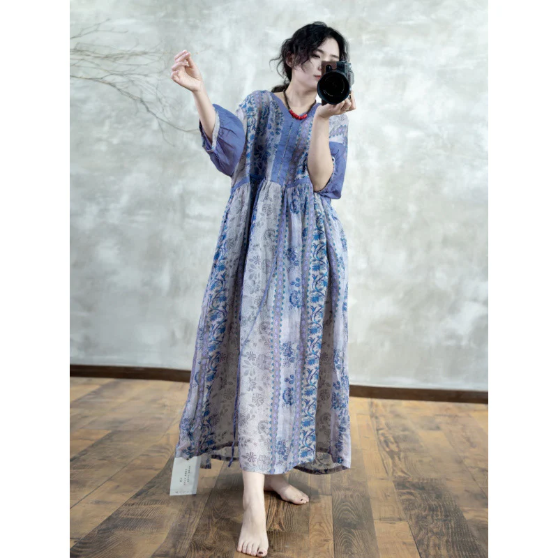 summer new literary and retro blue and white porcelain temperament v-neck temperament fresh printing fat MM dress - Deanwangkt